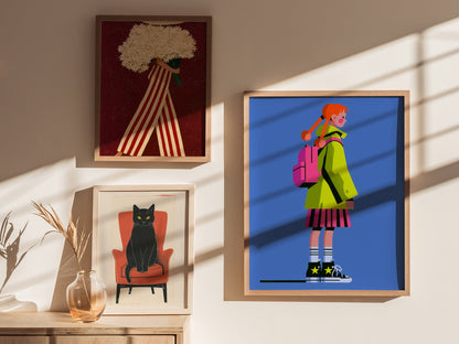 Girl in Green Hat Poster | Neon Brights Flat Design Art Print | Kids Room Wall Art — styled in an interior