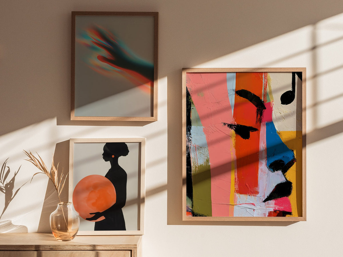 High Note Poster | Coral and Cobalt Abstract Art Print | Music Lover Wall Art — styled in an interior