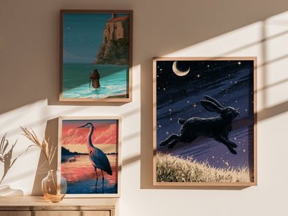 Hare Carries Night Poster | Indigo and Gold Pixel Art Print | Retro Gaming Wall Art — styled in an interior