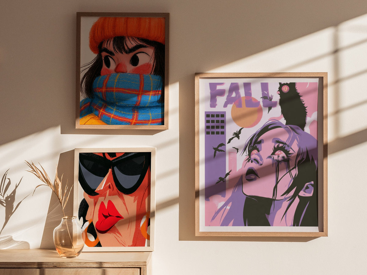 Girl Meets Fall Poster | Pink Purple Lime Illustrative Art Print | Surreal Pop Wall Art — styled in an interior