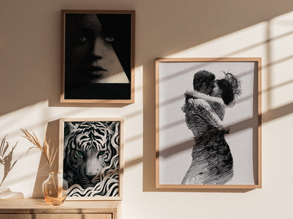 Lovers Almost Kiss Poster | Black and Cream Pen and Ink Art Print | Romantic Wall Art — styled in an interior