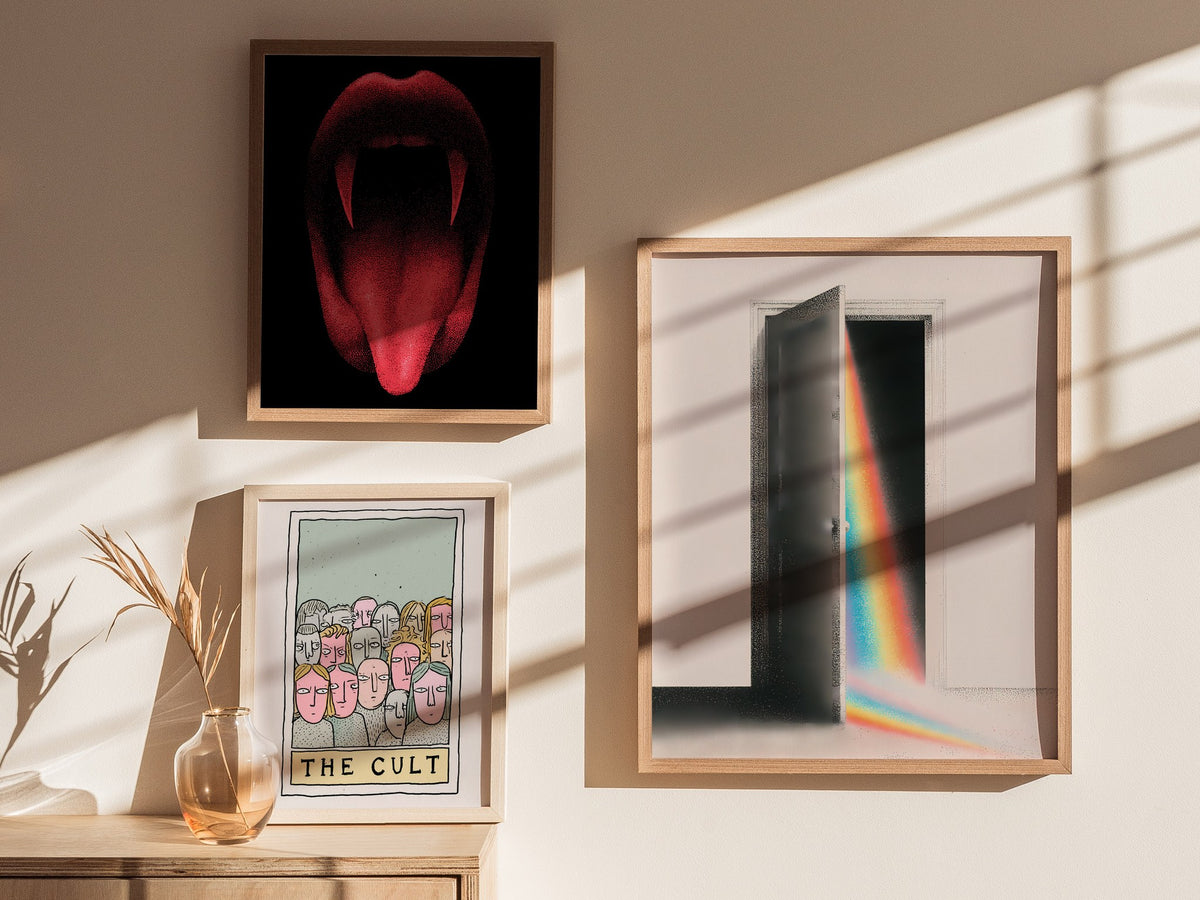 Rainbow Through the Door Poster | Rainbow and Black Pen and Ink Art Print | Mystic Wall Art — styled in an interior