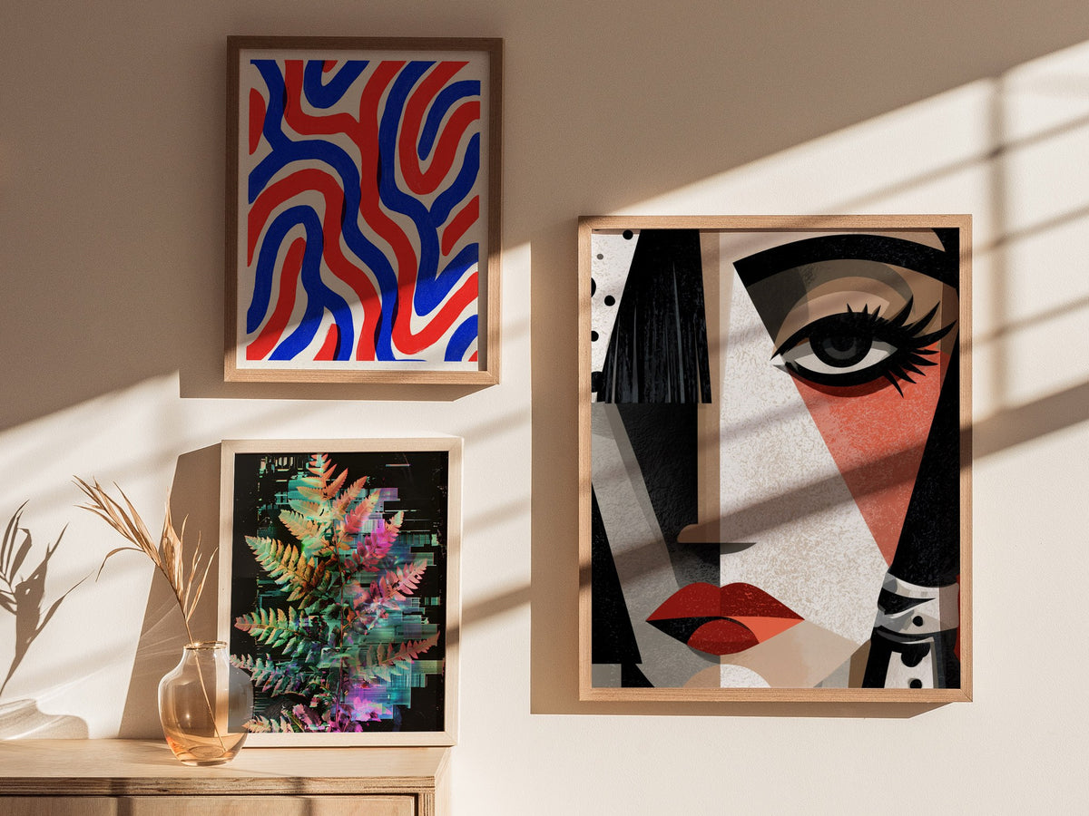 Cubist Woman Watches Poster | Black and Orange Abstract Art Print | Modernist Wall Art — styled in an interior