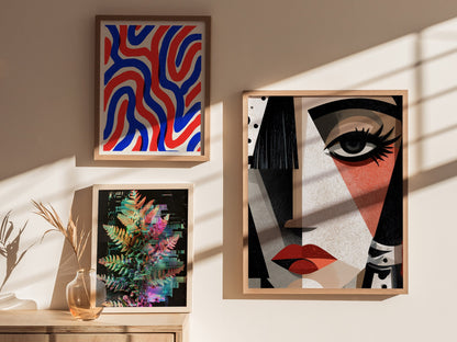 Cubist Woman Watches Poster | Black and Orange Abstract Art Print | Modernist Wall Art — styled in an interior