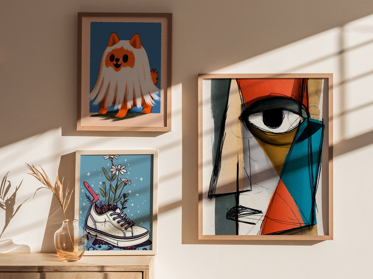 Fractured Gaze Poster | Teal and Burnt Illustrative Art Print | Modern Art Collectors Wall Art — styled in an interior