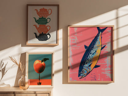 Sardine Tin on Pink Poster | Pink and Cobalt Screen Print Art Print | Kitchen Wall Art — styled in an interior