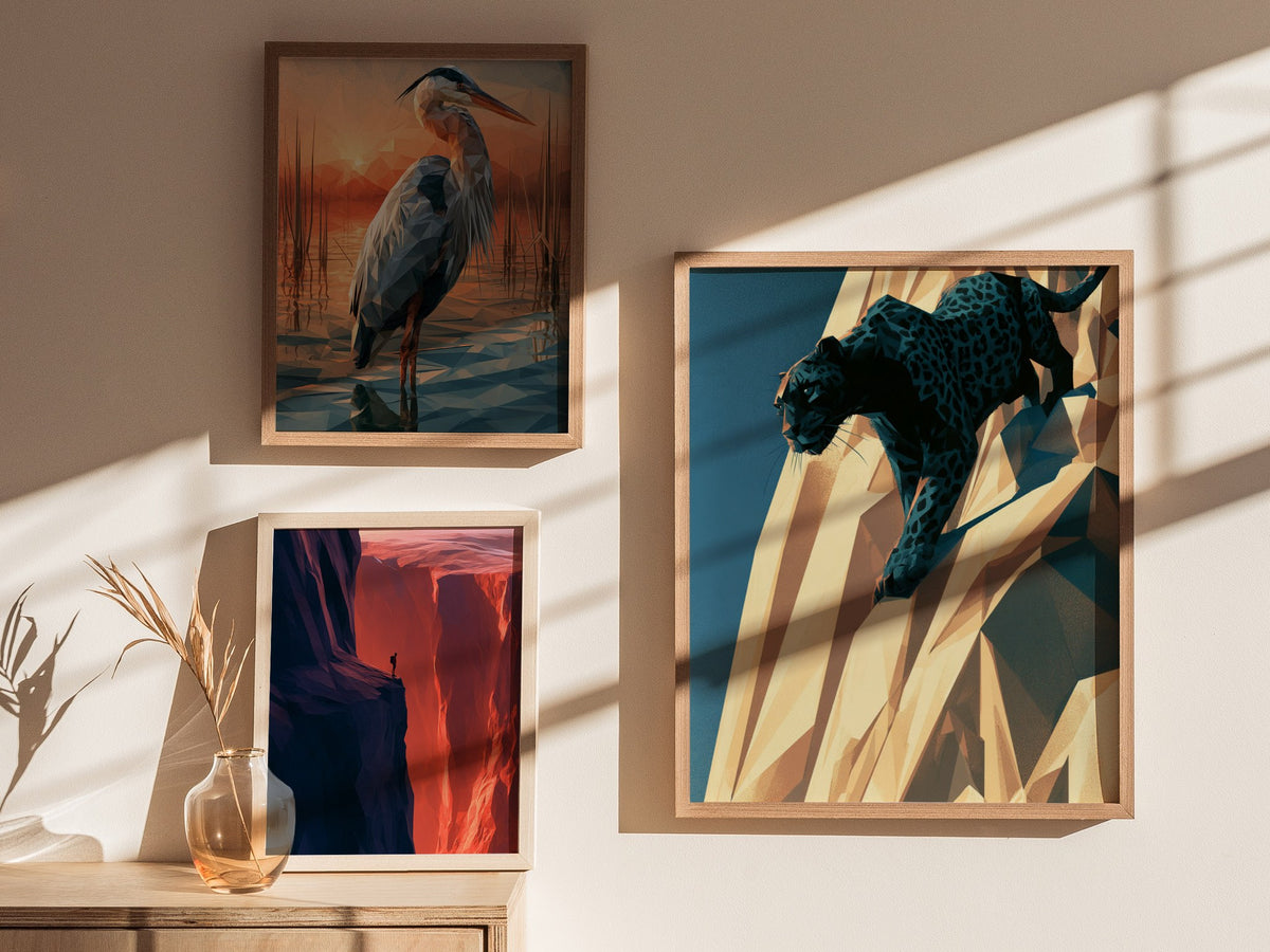 Panther Climbs Noon Poster | Teal and Black Low Poly Art Print | Dark Fantasy Wall Art — styled in an interior