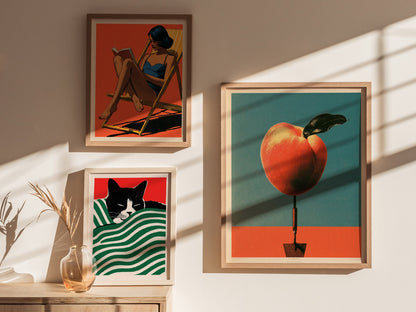 Trowel and Peach Poster | Teal and Orange Screen Print Art Print | Kitchen Wall Art — styled in an interior