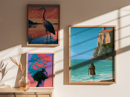 Pilgrim Touches Shore Poster | Turquoise and Earth Pixel Art Print | Retro Gaming Wall Art — styled in an interior