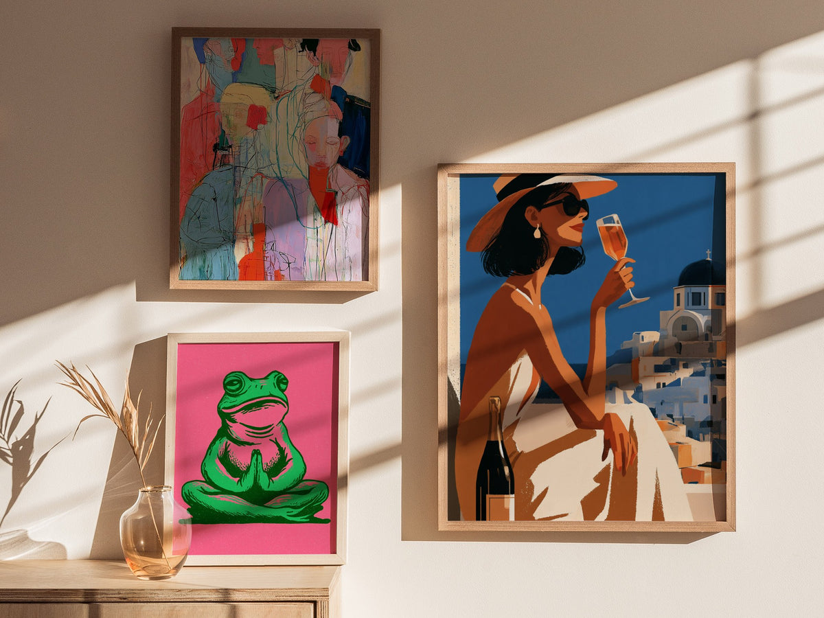 Woman Sips Santorini Poster | Terracotta and Cobalt Illustrative Art Print | Mediterranean Travel Wall Art — styled in an int