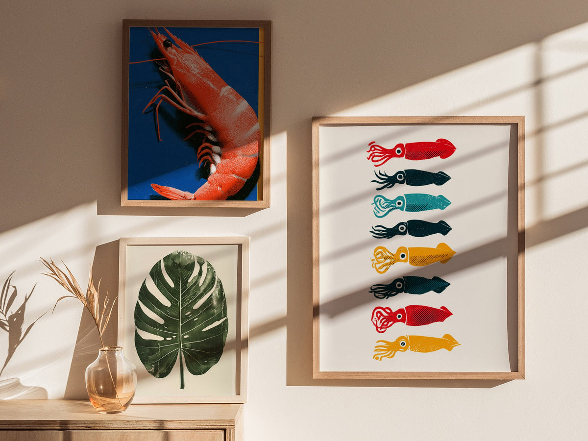 Five Squid Stack Poster | Multicolor Screen Print Art Print | Kitchen Wall Art — styled in an interior