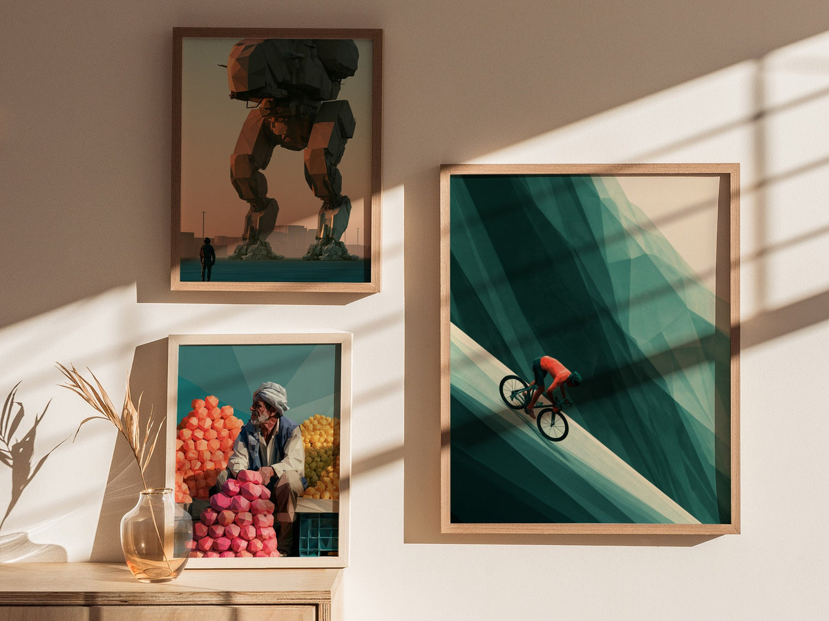 Cyclist Claims Hill Poster | Coral and Forest Low Poly Art Print | Cycling Wall Art — styled in an interior