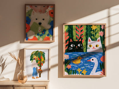 Forest Pond Companions Poster | Forest Green Illustrative Art Print | Kids Room Wall Art — styled in an interior