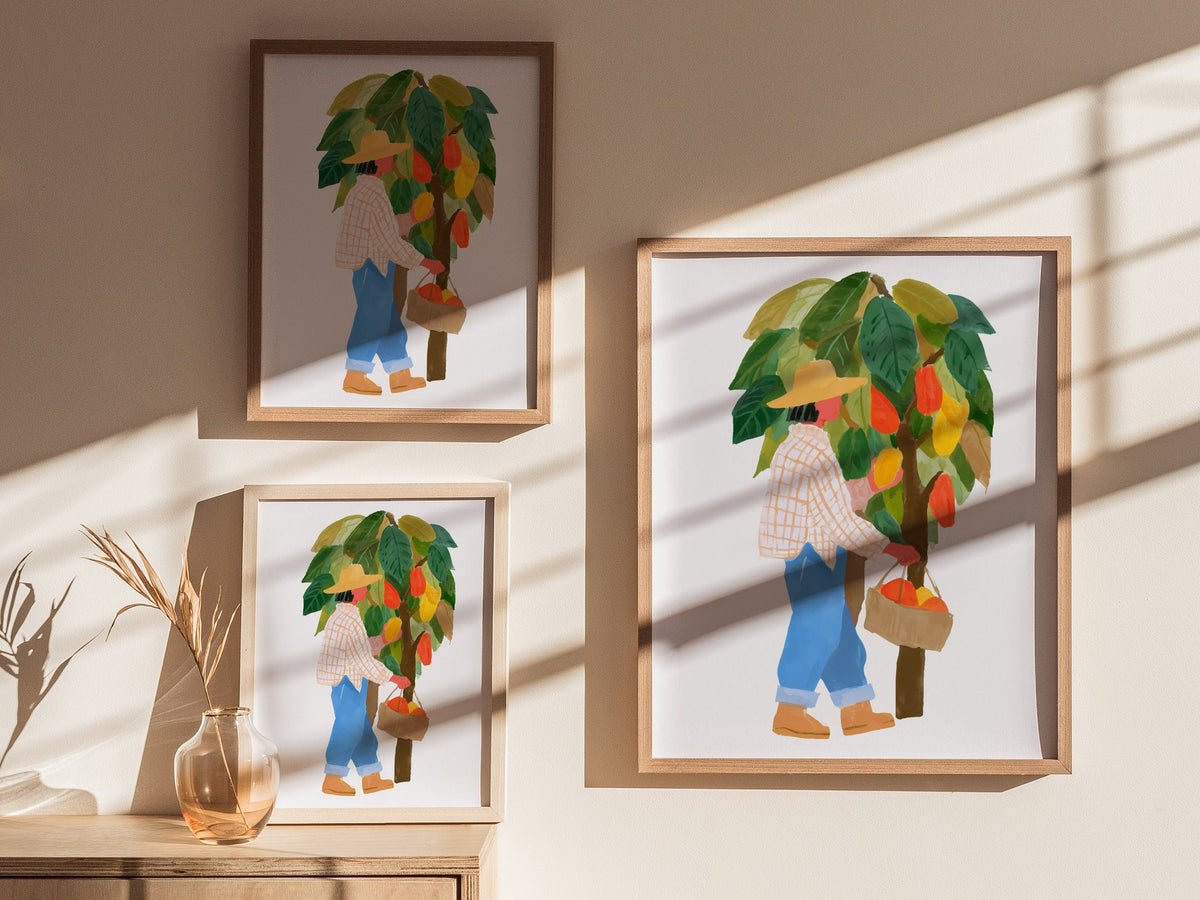 Cocoa Harvest Walk Poster | Illustrative Art Print — styled in an interior