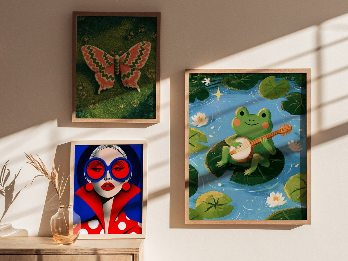 Frog Plays Banjo Poster | Lime and Teal Cute Art Print | Kids Room Wall Art — styled in an interior