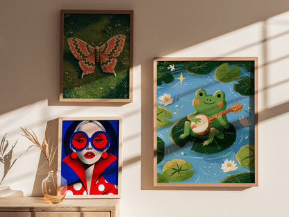 Frog Plays Banjo Poster | Lime and Teal Cute Art Print | Kids Room Wall Art — styled in an interior