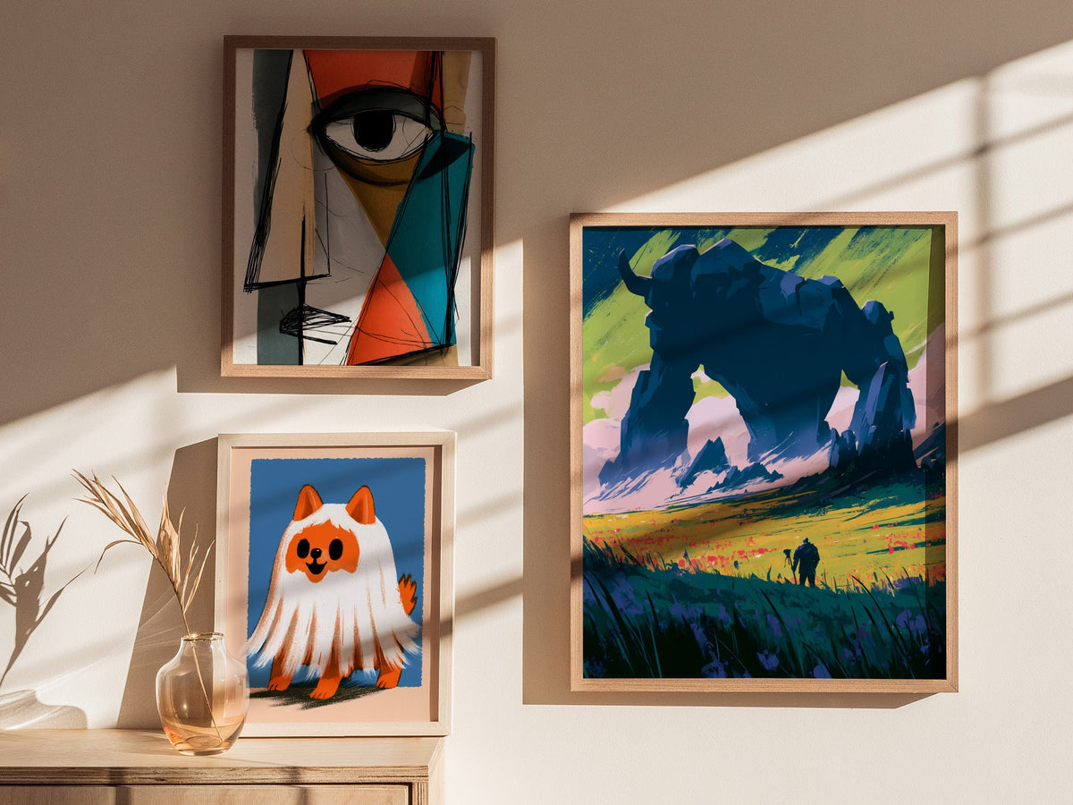 Stone Guardian at Dawn Poster | Navy and Orange Illustrative Art Print | Dark Fantasy Wall Art — styled in an interior