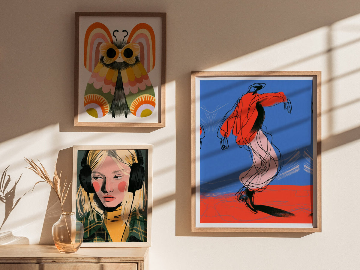 Dancer Kicks Blue Poster | Blue and Red Illustrative Art Print | Dance Wall Art — styled in an interior