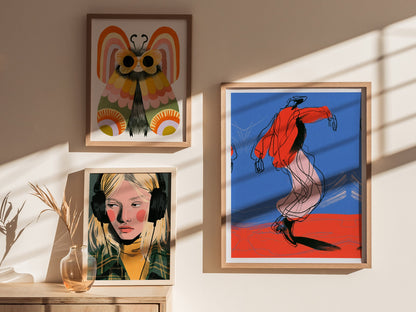 Dancer Kicks Blue Poster | Blue and Red Illustrative Art Print | Dance Wall Art — styled in an interior