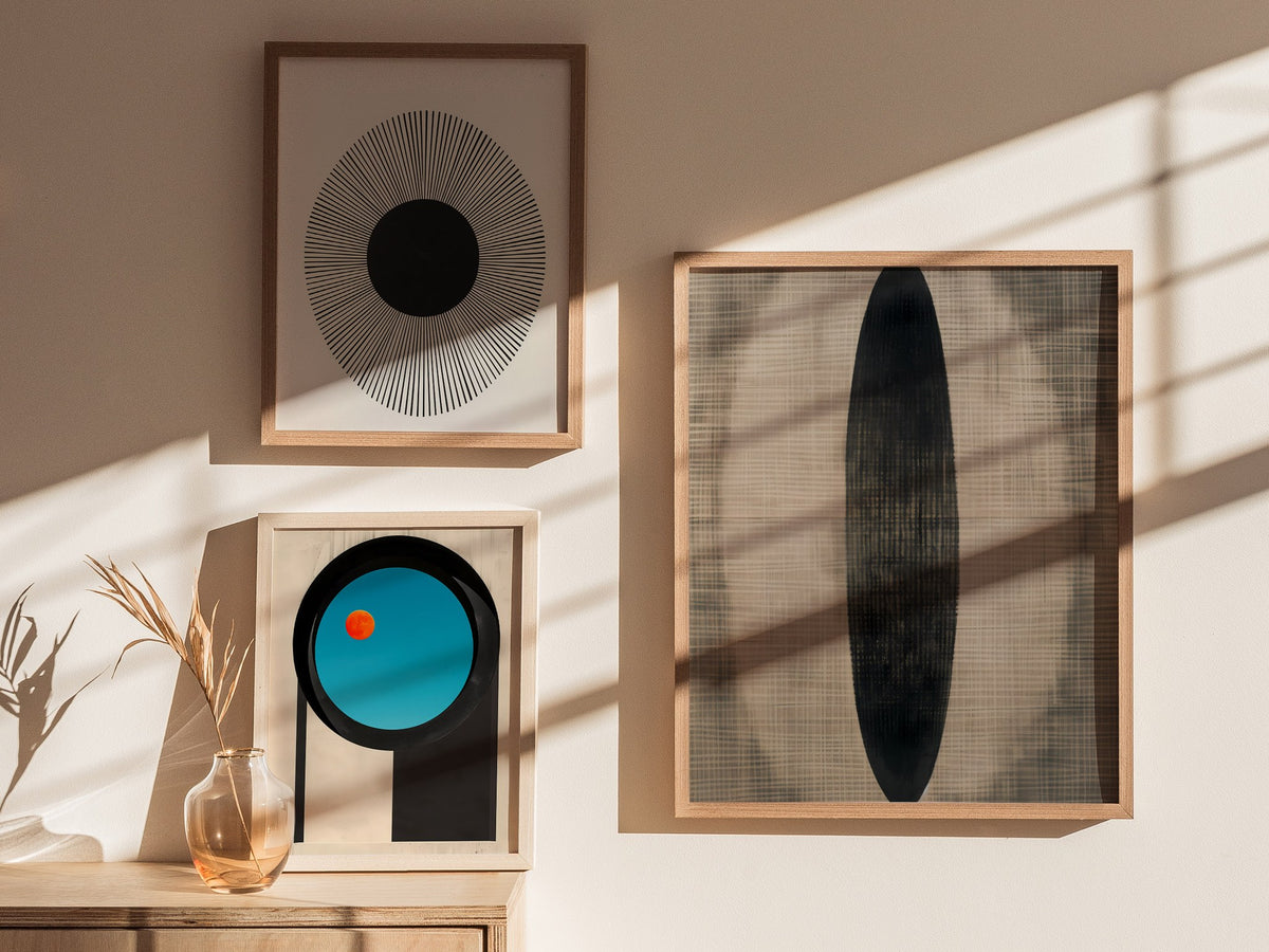 Gradient Ellipse Poster | Black and Grey Minimalism Art Print | Minimalist Wall Art — styled in an interior