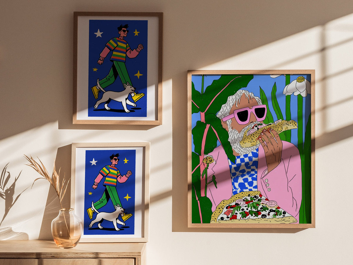 Pizza Garden Poster | Pink and Sky Illustrative Art Print | Surreal Kitchen Wall Art — styled in an interior