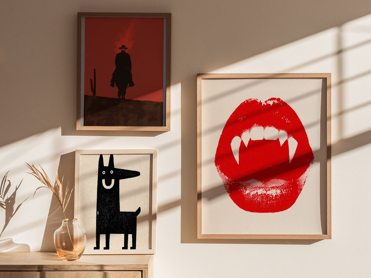 Vampire Bite Poster | Red and Cream Screen Print Art Print | Goth Wall Art — styled in an interior