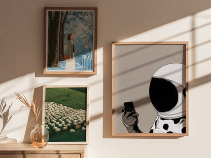 Astronaut Claims Shade Poster | Cream and Brown Illustrative Art Print | Fashion Forward Wall Art — styled in an interior
