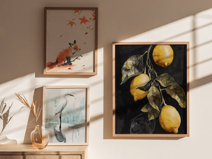 Three Lemons on Black Poster | Yellow and Black Japanese Watercolor Art Print | Kitchen Wall Art — styled in an interior