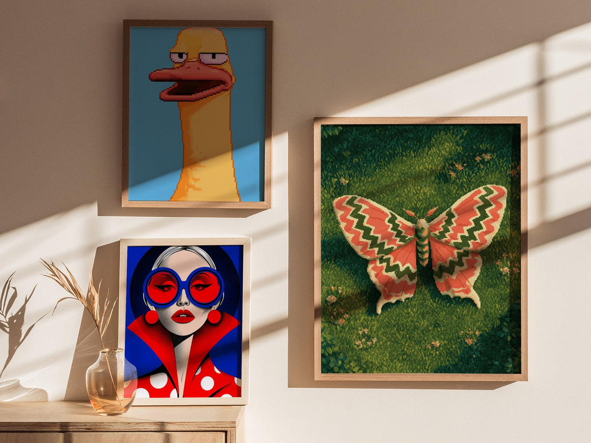 Moth Owns Chevron Poster | Coral and Olive Pixel Art Print | Retro Gaming Wall Art — styled in an interior