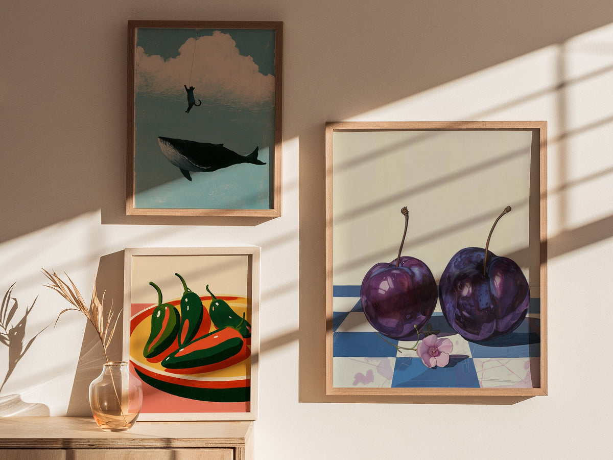 plums-on-checkerboard Poster | Purple and Cream Illustrative Art Print | Kitchen Wall Art — styled in an interior