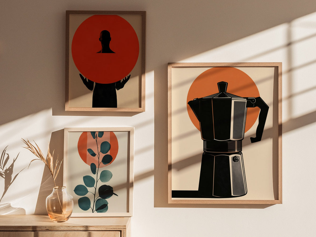 Espresso Machine Icon Poster | Burnt Orange Minimalism Art Print | Kitchen Wall Art — styled in an interior
