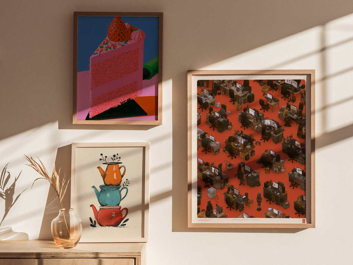 Five at Screens Poster | Orange and Pink Illustrative Art Print | Home Office Wall Art — styled in an interior
