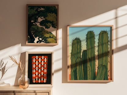 Cactus Garden Poster | Green and Coral Japanese Woodblock Art Print | Southwestern Wall Art — styled in an interior