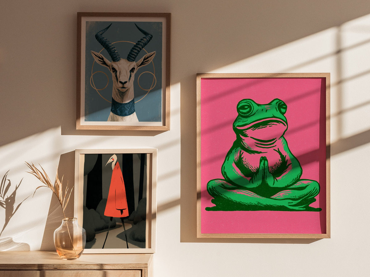Toad Finds Peace Poster | Green and Pink Illustrative Art Print | Meditation Wall Art — styled in an interior