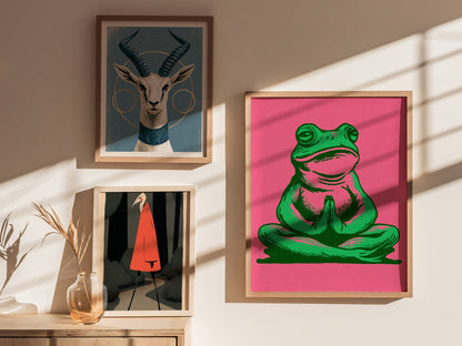 Toad Finds Peace Poster | Green and Pink Illustrative Art Print | Meditation Wall Art — styled in an interior