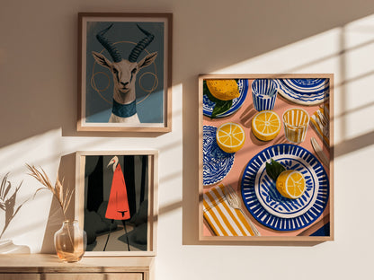 Lemon Table Poster | Cobalt and Ochre Illustrative Art Print | Kitchen Wall Art — styled in an interior