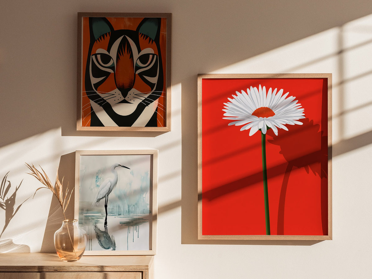 White Daisy on Red Poster | Red and White Flat Design Art Print | Modernist Wall Art — styled in an interior