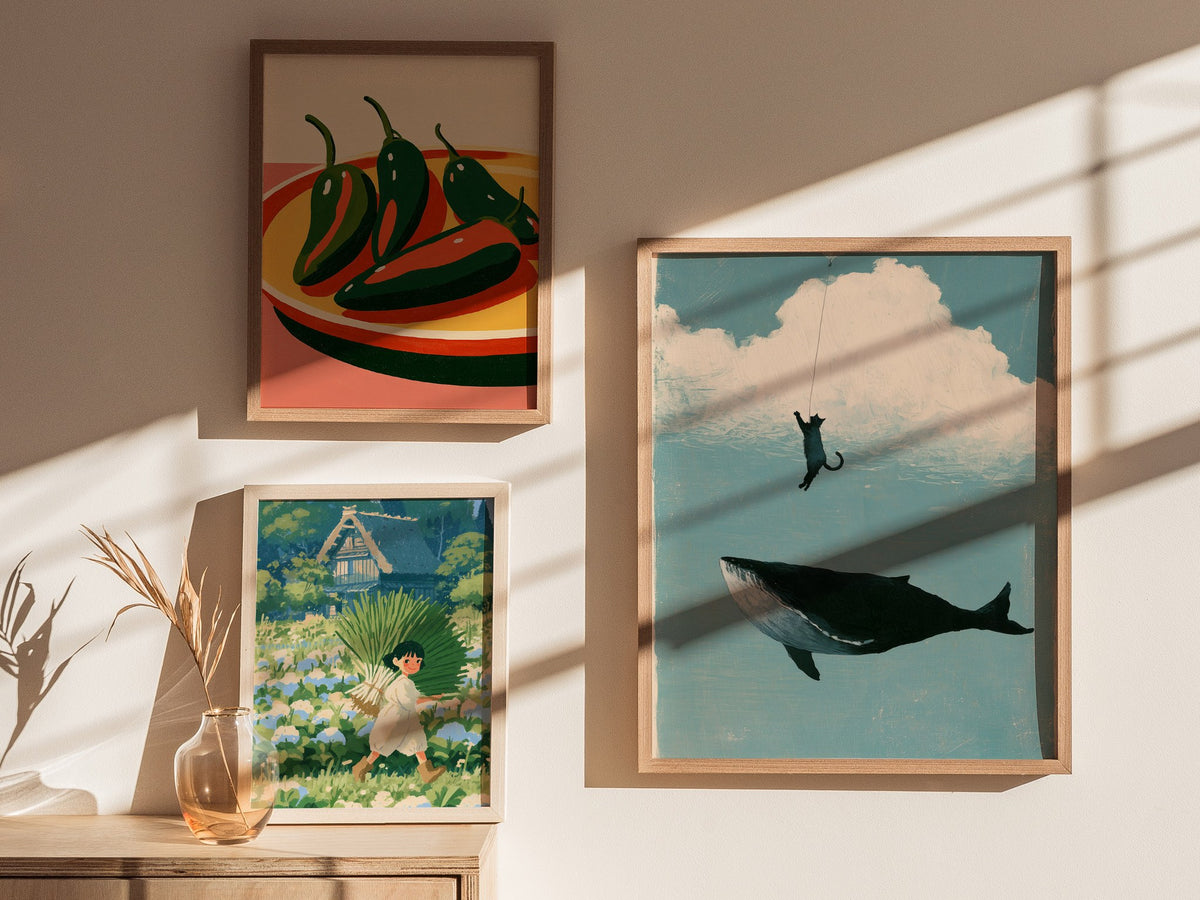 Cloud Fishing Poster | Blue and Cream Illustrative Art Print | Kids Room Wall Art — styled in an interior