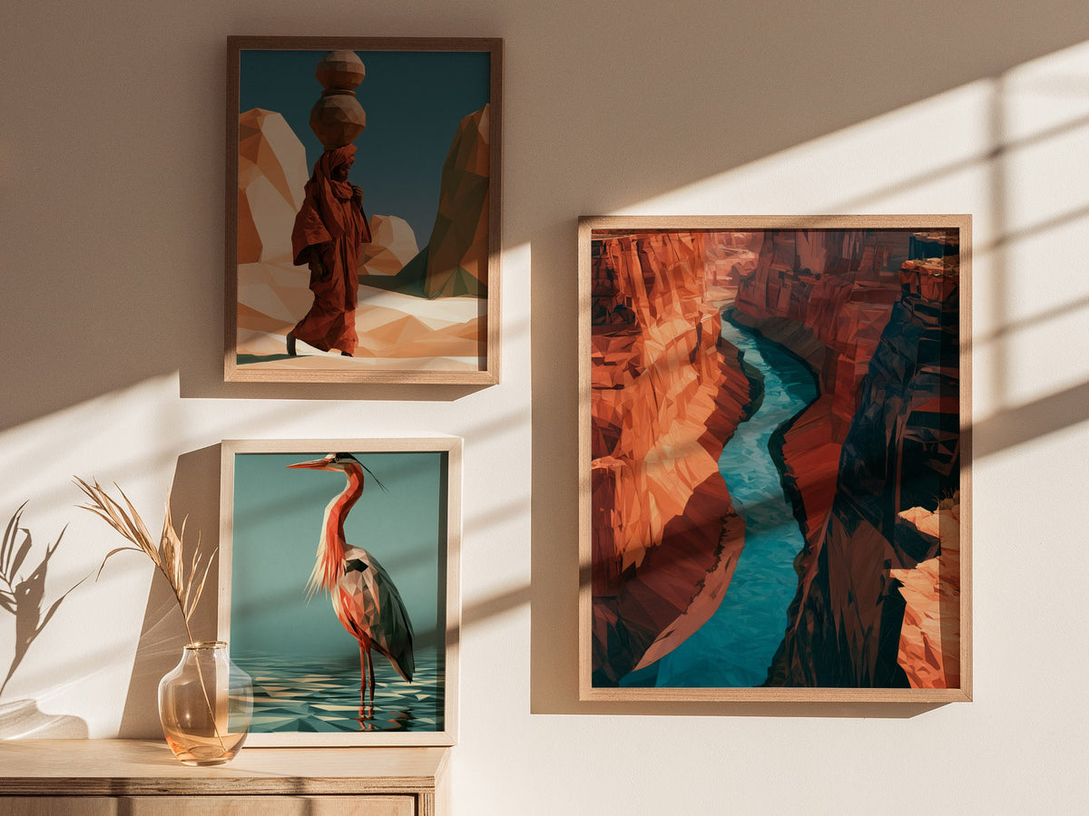 Canyon Holds River Poster | Turquoise and Ochre Low Poly Art Print | Modern Minimalist Wall Art — styled in an interior