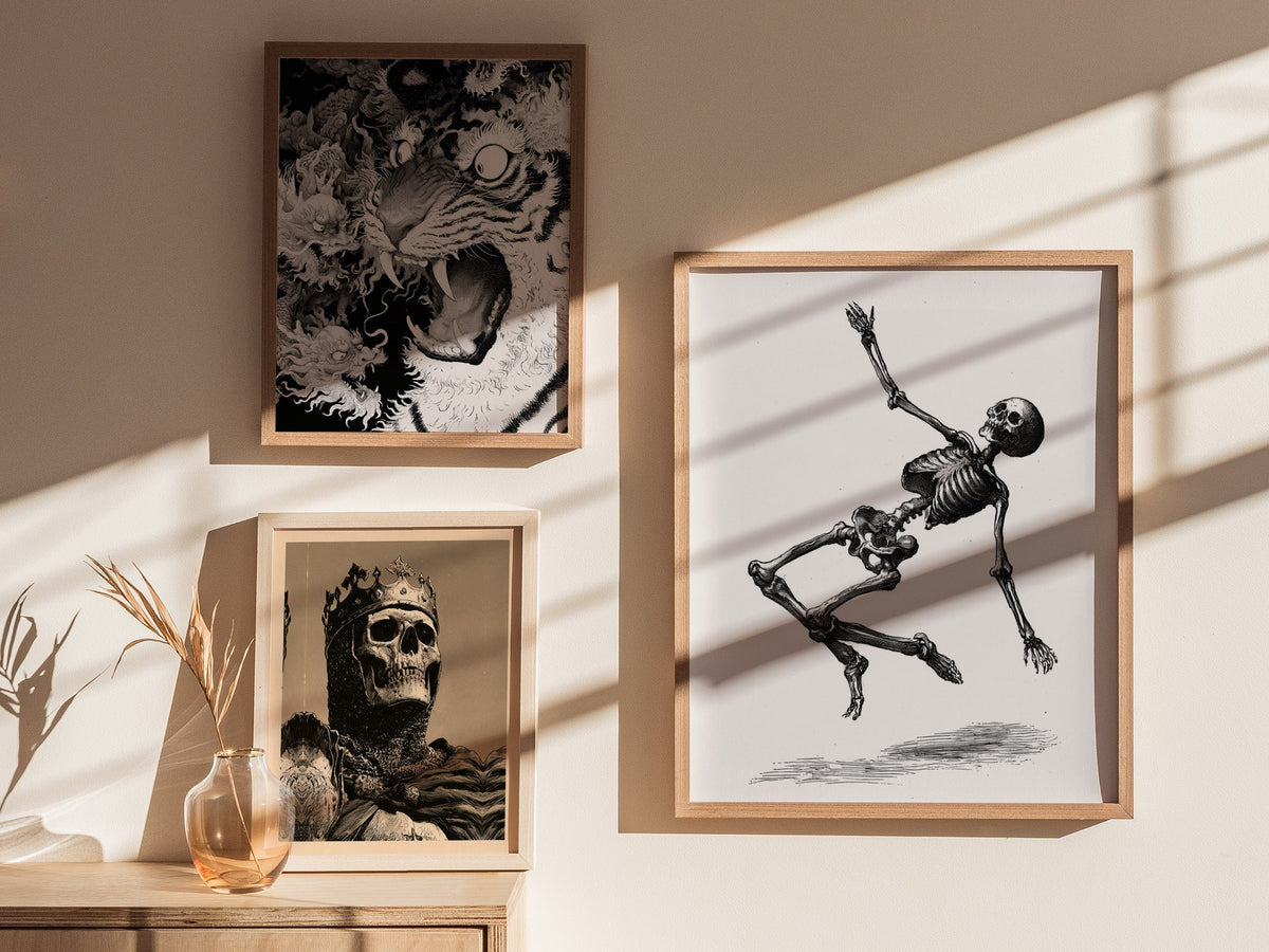 Skeleton Falls Poster | Cream and Black Pen and Ink Art Print | Dark Academia Wall Art — styled in an interior