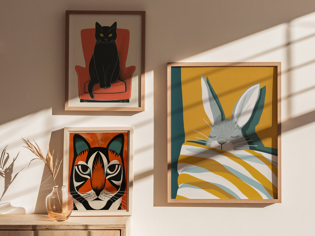 Rabbit Under Quilt Poster | Mustard and Teal Flat Design Art Print | Cottagecore Wall Art — styled in an interior