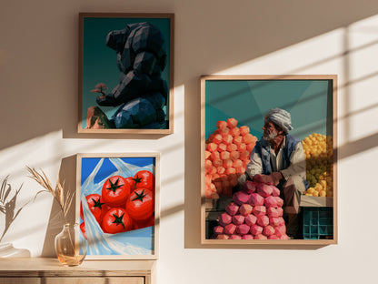 Fruit Seller Waits Poster | Navy and Hot Low Poly Art Print | Kitchen Wall Art — styled in an interior