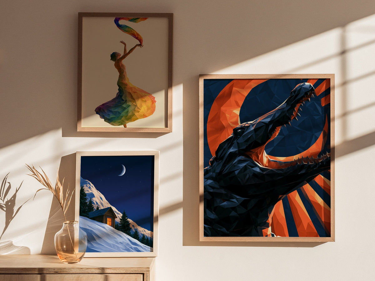 Gator Owns Crescent Poster | Orange and Navy Low Poly Art Print | Dark Fantasy Wall Art — styled in an interior