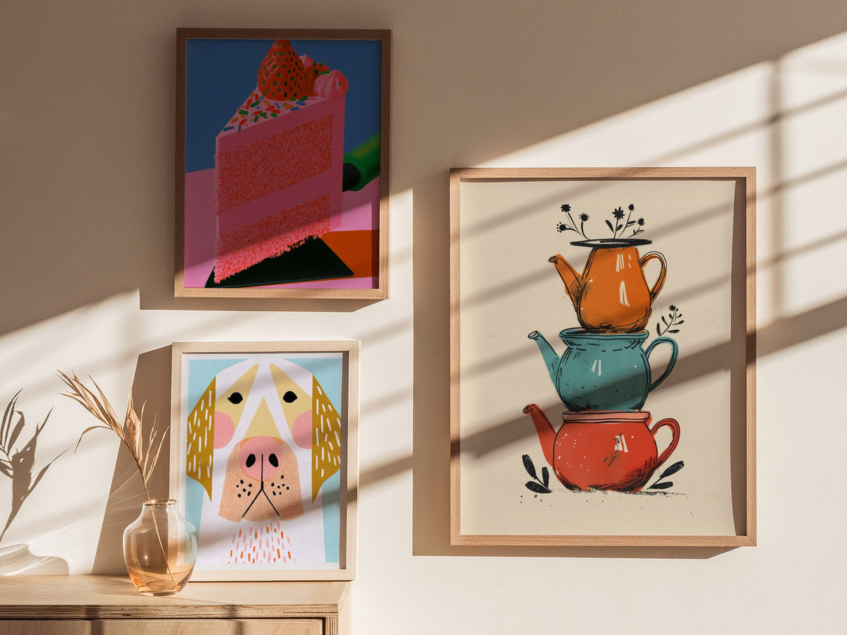 Stacked Teapots Poster | Coral and Teal Illustrative Art Print | Kitchen Wall Art — styled in an interior