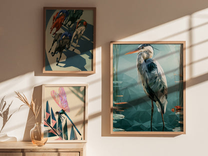 Heron Guards Shallows Poster | Teal and Slate Low Poly Art Print | Modern Minimal Wall Art — styled in an interior