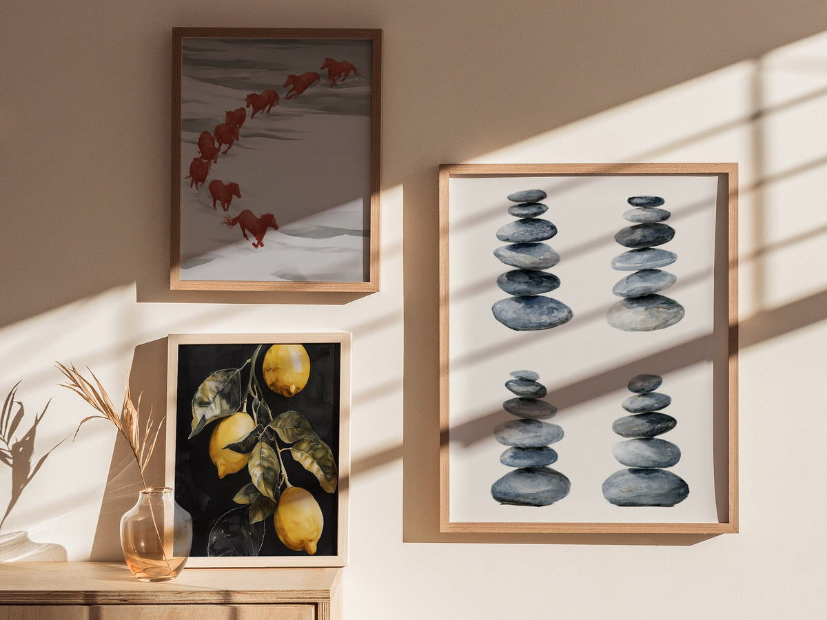Four Stone Arrangements Poster | Gray and Blue-Gray Japanese Watercolor Art Print | Minimalist Wall Art — styled in an interi