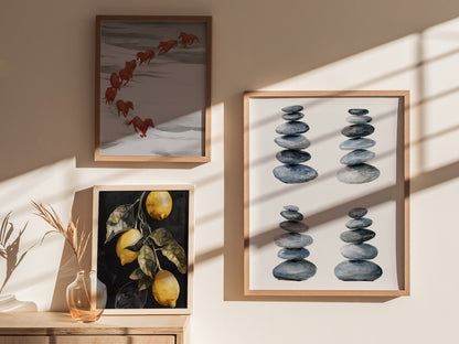 Four Stone Arrangements Poster | Gray and Blue-Gray Japanese Watercolor Art Print | Minimalist Wall Art — styled in an interi
