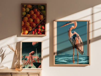 Heron Stands Lagoon Poster | Teal and Orange Low Poly Art Print | Modern Minimalist Wall Art — styled in an interior
