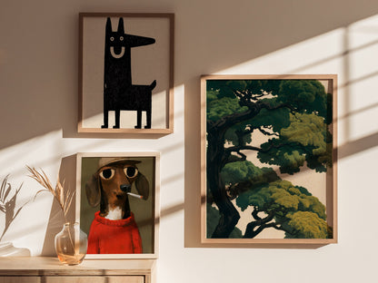 Under the Pines Poster | Forest Green Japanese Woodblock Art Print | Nature Lovers Wall Art — styled in an interior