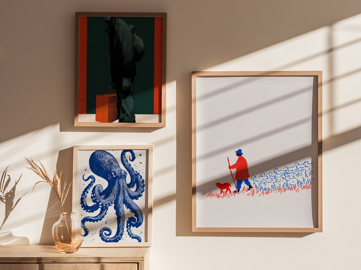 Shepherd Leads Home Poster | Red and Blue Screen Print Art Print | Nursery Wall Art — styled in an interior